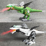 Two toy dinosaurs, one green and one white with black, on a gray background.