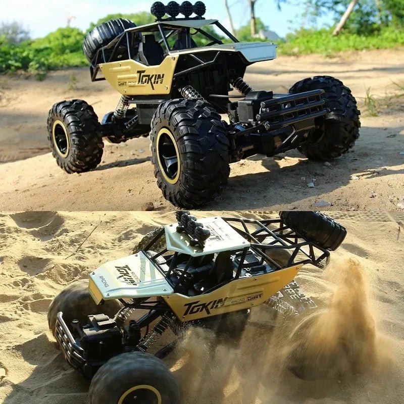 4WD RC buggy with oversized grip wheels driving on sand, made for beach trips, dirt tracks, and rough outdoor play.