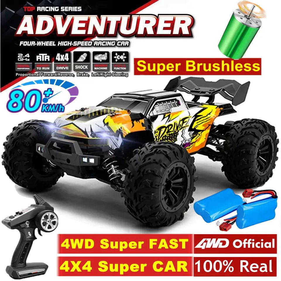 4WD RC Off-Road Drift Car with brushless motor, remote handset, and battery pack for high-speed outdoor racing and drifting.