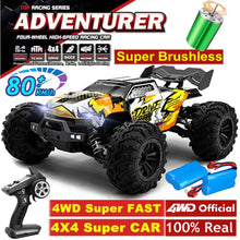 4WD RC Off-Road Drift Car with brushless motor, remote handset, and battery pack for high-speed outdoor racing and drifting.