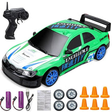 4WD RC Drift Car green and white GTR/AE86 model racing toy with batteries and cones for outdoor drift racing fun.