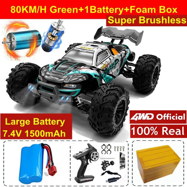 4WD RC drift car with high-traction tyres and full accessory list, suited to grip racing as well as controlled drifting.
