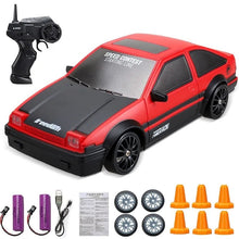 4WD RC Drift Car red and black GTR/AE86 model racing toy showing its durable build with batteries and cones for daily play.