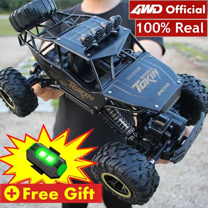 4WD RC Off-Road Buggy with LED lights, a remote control racing car for outdoor play on grass, gravel, and garden tracks.