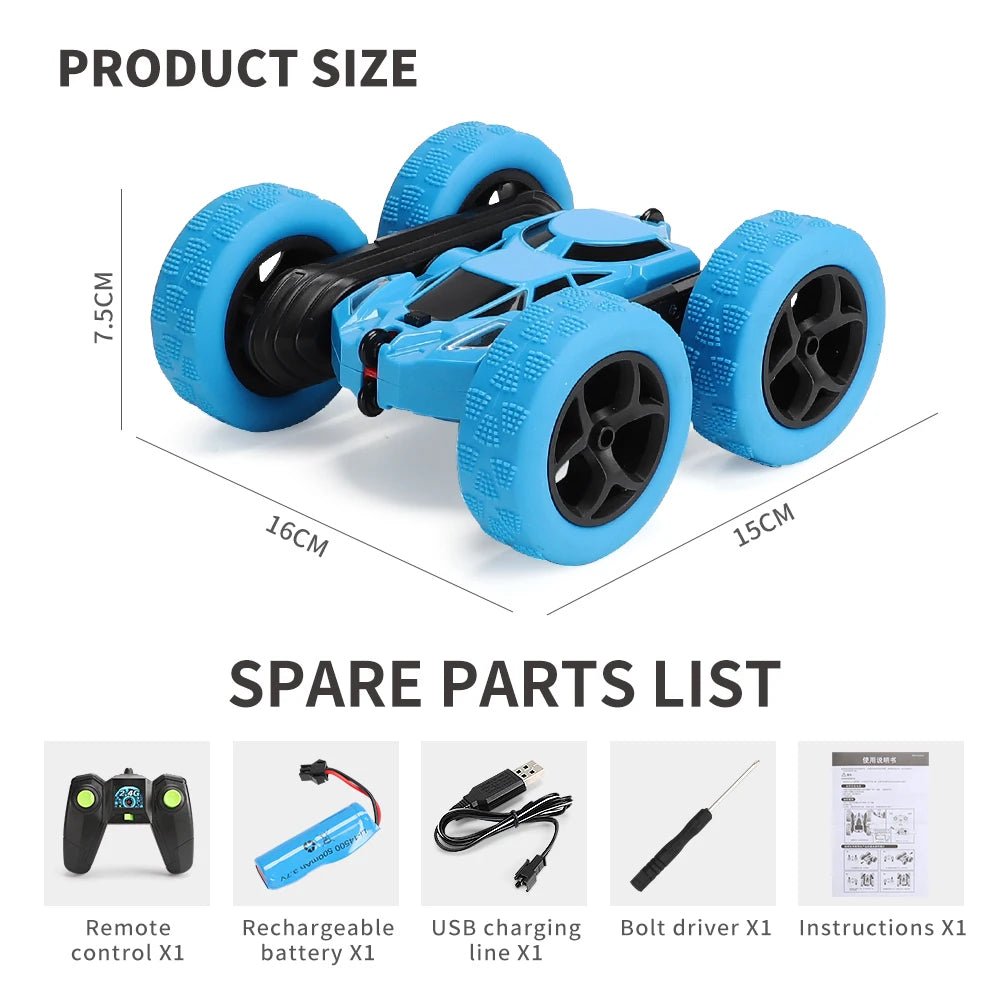 Blue toy car chassis with dimensions and spare parts list 