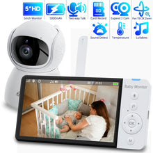 Baby monitor with screen displaying a woman and baby in a crib, featuring various functions