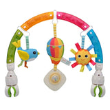 Colorful baby toy with bird, balloon, and sun design on a white background