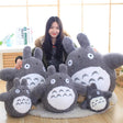 Person sitting behind a collection of Totoro plush toys on a wooden floor.