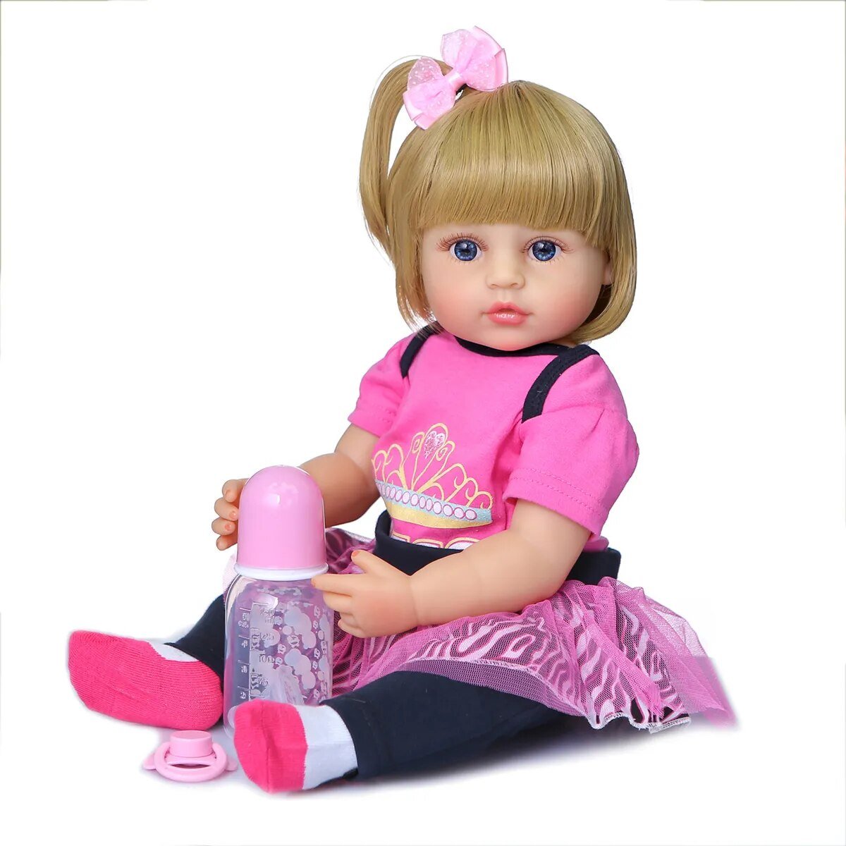 50CM Soft Silicone Reborn Toddler Doll in a pink outfit with matching shoes for dress-up play, collecting, and Christmas gifting.