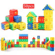 Colorful building blocks set with a castle structure.