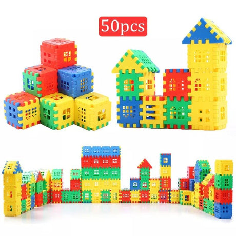Colorful building blocks set with a castle structure.