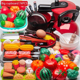Colorful toy kitchen set with various utensils and food items on a white background