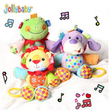 Colorful plush toys with music notes on a white background, featuring the brand 'Jollybaby'.
