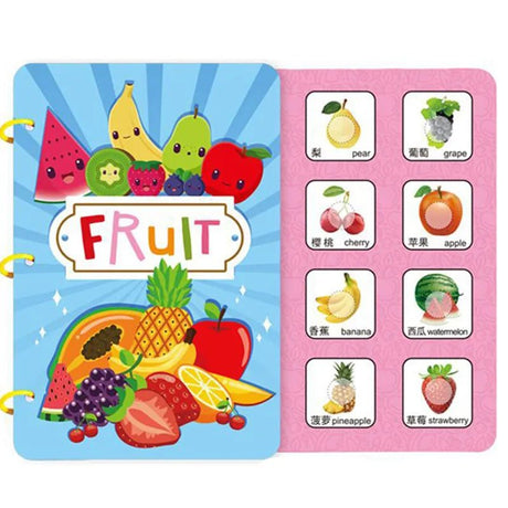 Children's book with colorful fruit illustrations on a blue and pink background