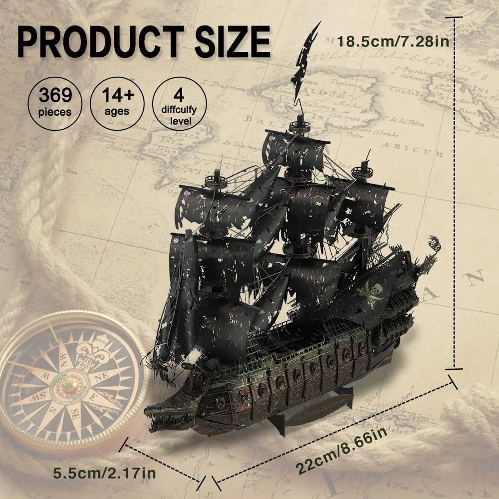 Model ship kit with size details on a world map background