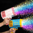 Toy bubble gun labeled 'Rocket' with colorful bubbles against a dark background