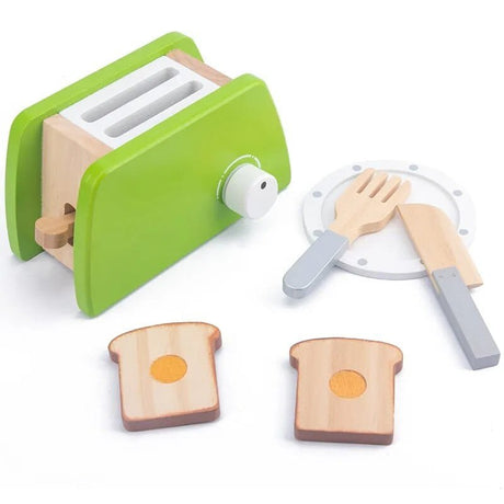 Toy toaster set with slices of bread and utensils on a white background