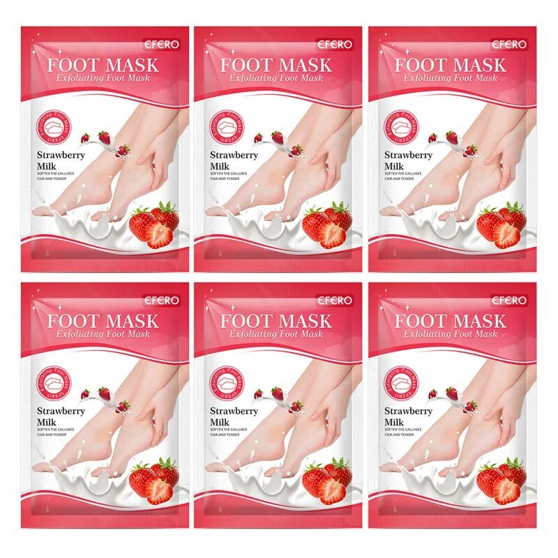 Packaging of strawberry milk foot masks with images of feet and strawberries on a white background.
