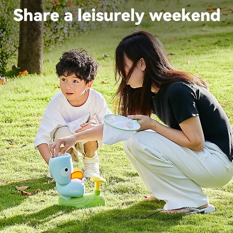 Woman and child playing with a toy duck in a park, with text 'Share a leisurely weekend'.