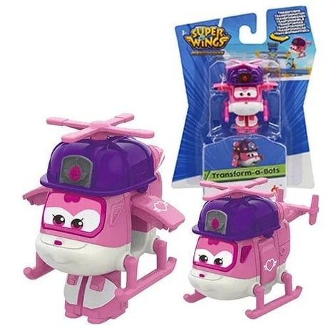 Pink and purple toy helicopter with transformable feature, including packaging.