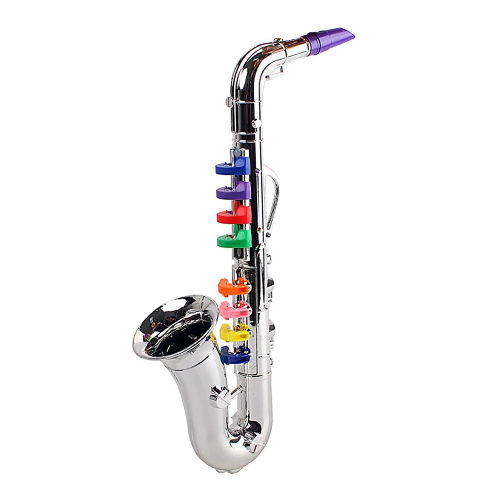 Saxophone with rainbow-colored key caps on a white background