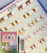 Mathematics workbook with animal illustrations and equations on a blue background