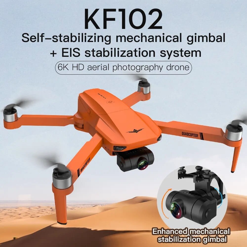 Orange drone with text about KF102 stabilization system on a desert background