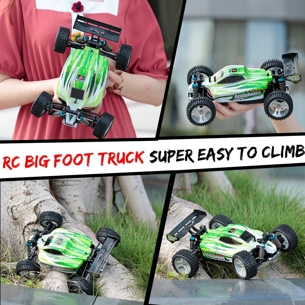 Collage of a green RC big foot truck being held and used outdoors.