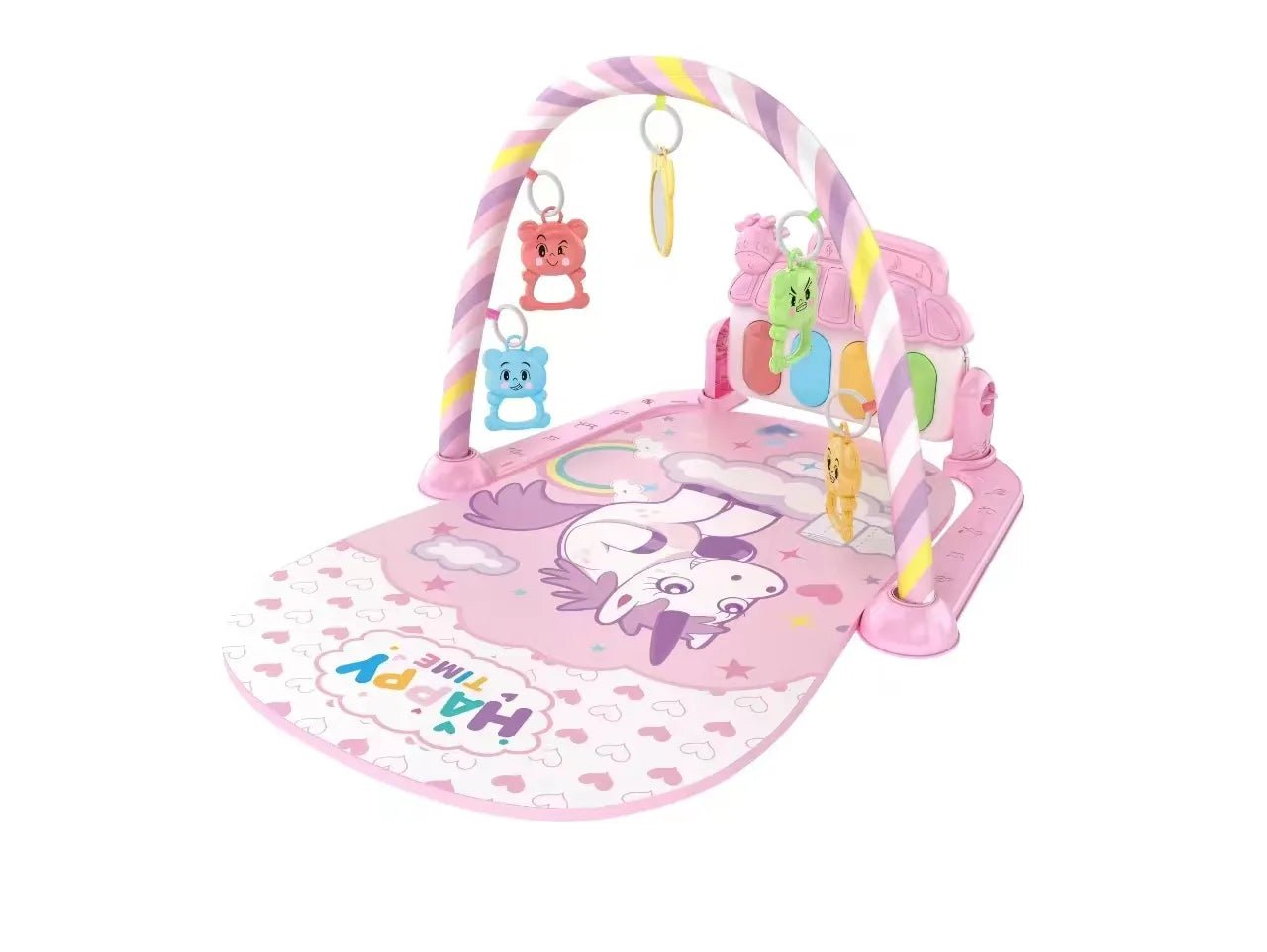 Pink baby activity gym with toys on a white background