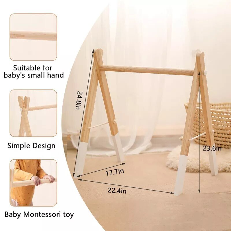 Wooden baby Montessori toy with measurements and text on a neutral background