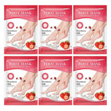 Packaging of strawberry milk foot masks with images of feet and strawberries on a white background.