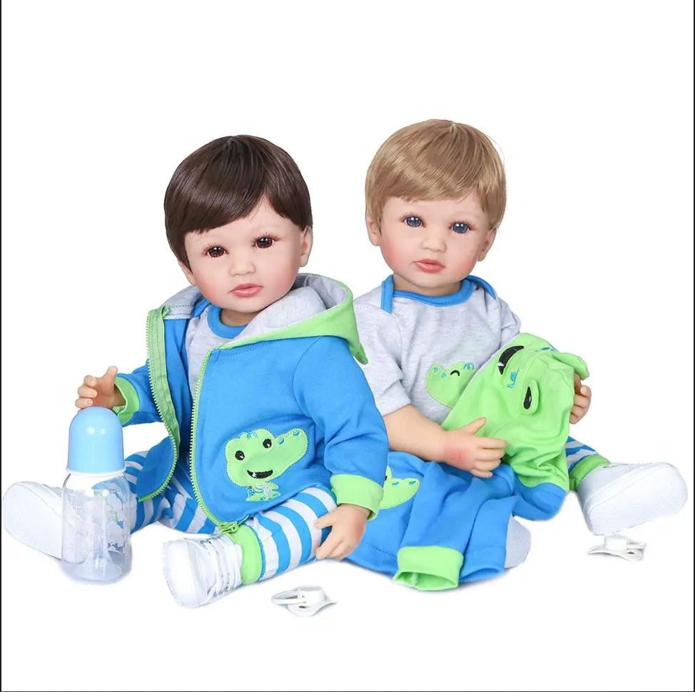 55cm Handmade Reborn Baby Boy dolls with two colour hair in blue and green outfits, soft silicone body dolls for collecting and gifting.