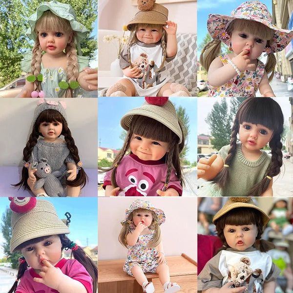 55cm Waterproof Reborn Doll in silicone with curly hair shown across outfit styles, a bathable baby doll for water play and collecting.