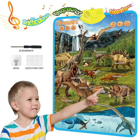 Child interacting with a dinosaur-themed educational mat with various dinosaurs on a white background.