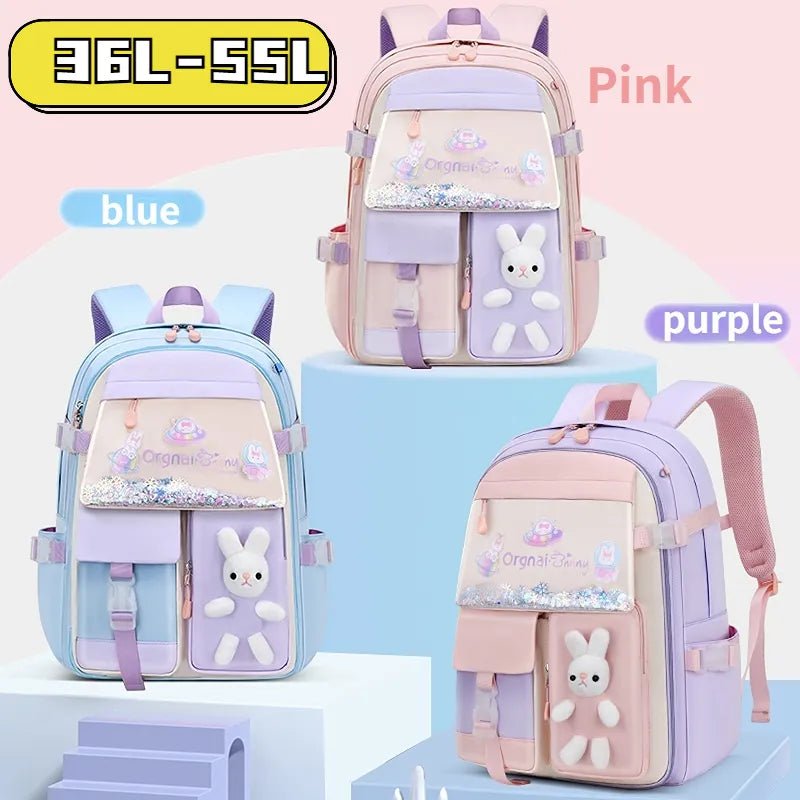 55L Girls Primary School Backpack shown in pink, blue and purple bunny designs, a large waterproof school bag for daily classes.