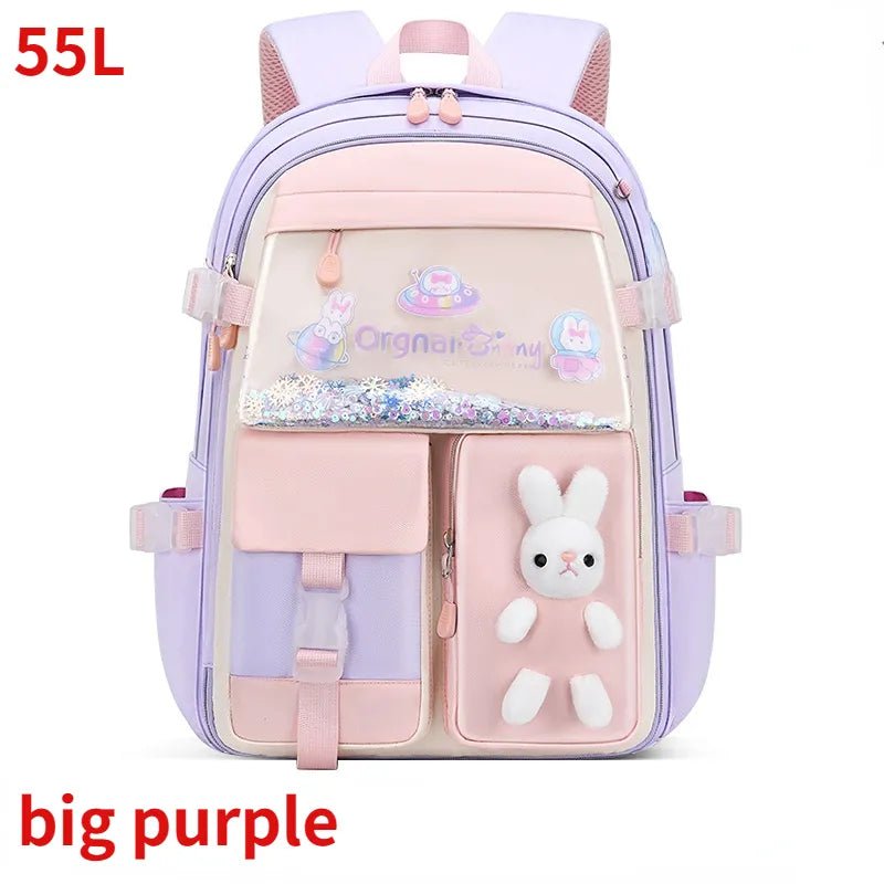 55L girls school backpack with heavy duty build and padded back panel for carrying textbooks comfortably to school.