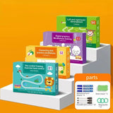 Educational product packaging on a white stand against an orange background