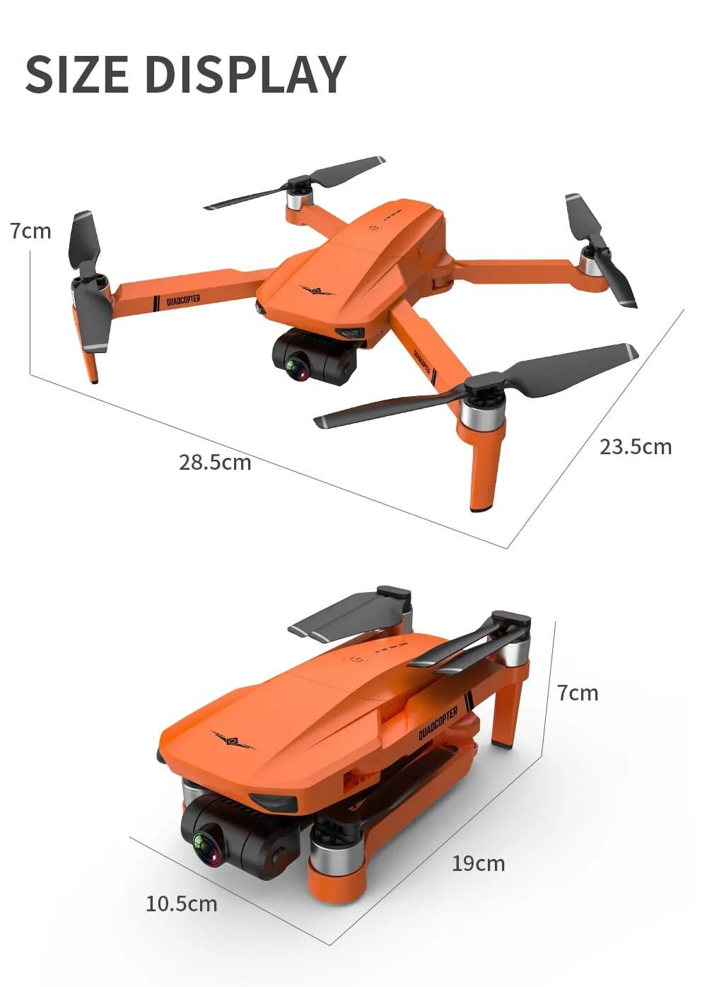 Orange drone with size display measurements on a white background