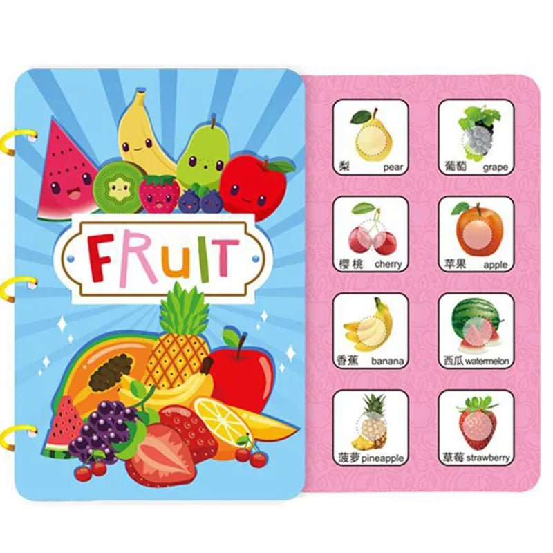 Children's book with colorful fruit illustrations on a blue and pink background