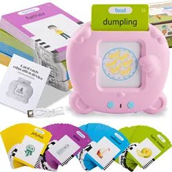 Educational toy with cards and a pink electronic device labeled 'dumpling'.
