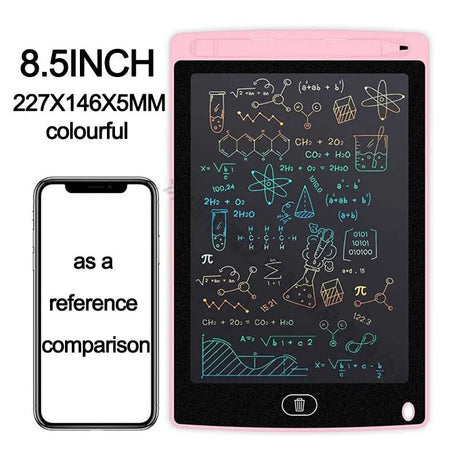 8.5-inch electronic writing pad with mathematical equations on screen, next to a smartphone for size comparison.