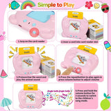 Pink educational toy with instructions on how to use it, featuring a card reader and animal sound buttons.