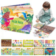 Colorful children's busy book with dinosaur illustrations and a child playing with the book.