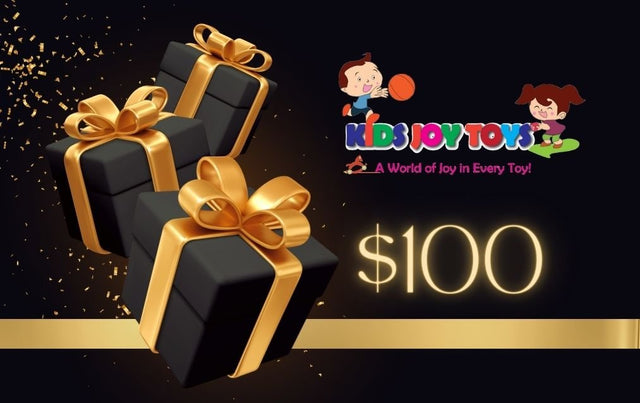 Black gift boxes with gold ribbons and 'Kidi Joy Town' logo on a dark background