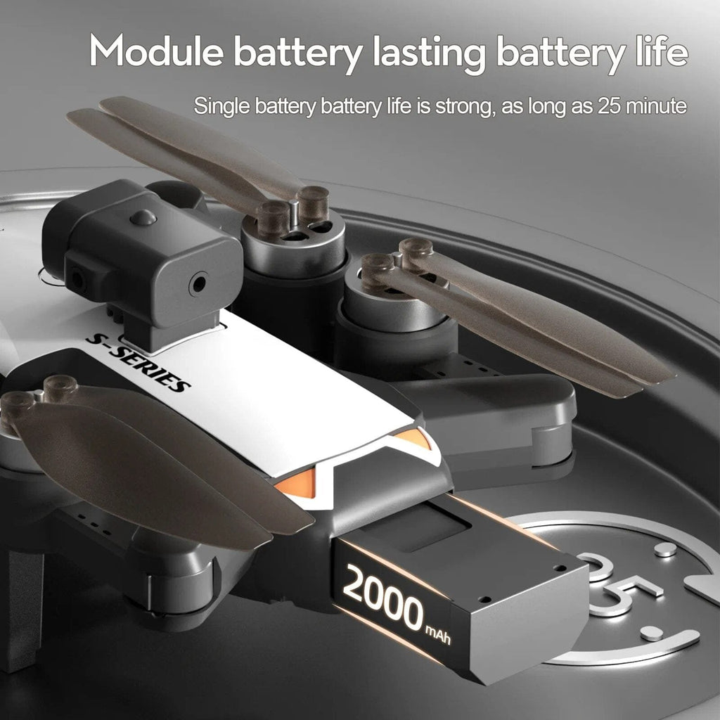 Close-up of a drone module with battery life text on a dark background