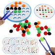 Color sorting game with pom-pom balls and tweezers on a white background