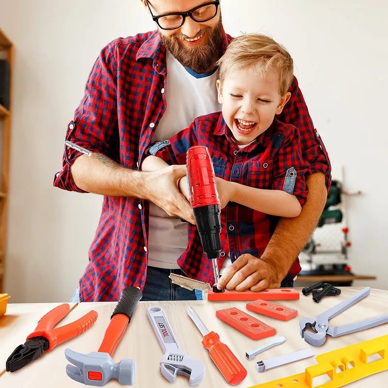 Man and child playing with tools on a table