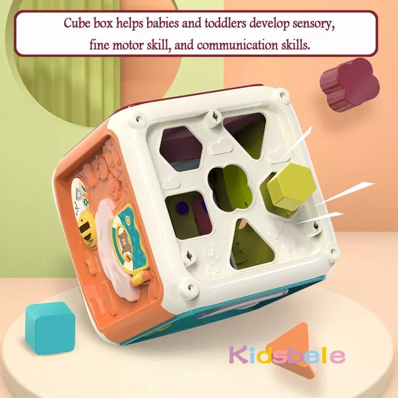 Colorful cube-shaped educational toy for babies and toddlers with text about its benefits.