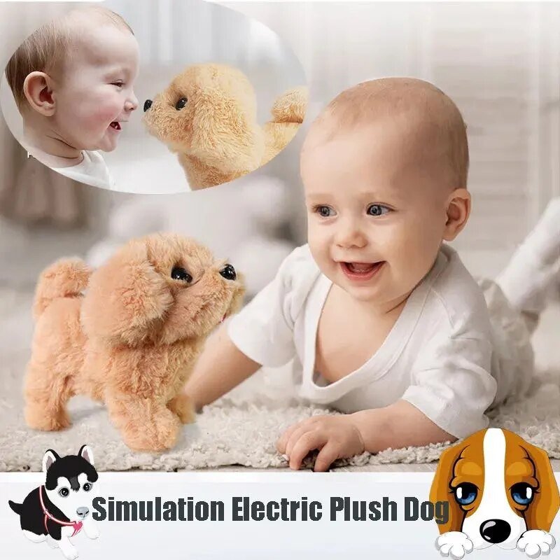 Child playing with a simulation electric plush dog toy, with close-up insets of the toy and baby's face.
