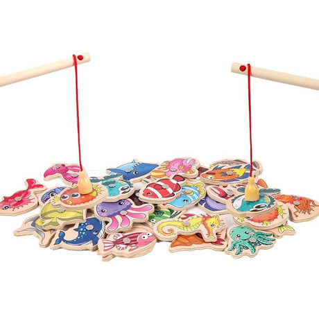 Colorful wooden fishing game with various sea creature figures on a white background